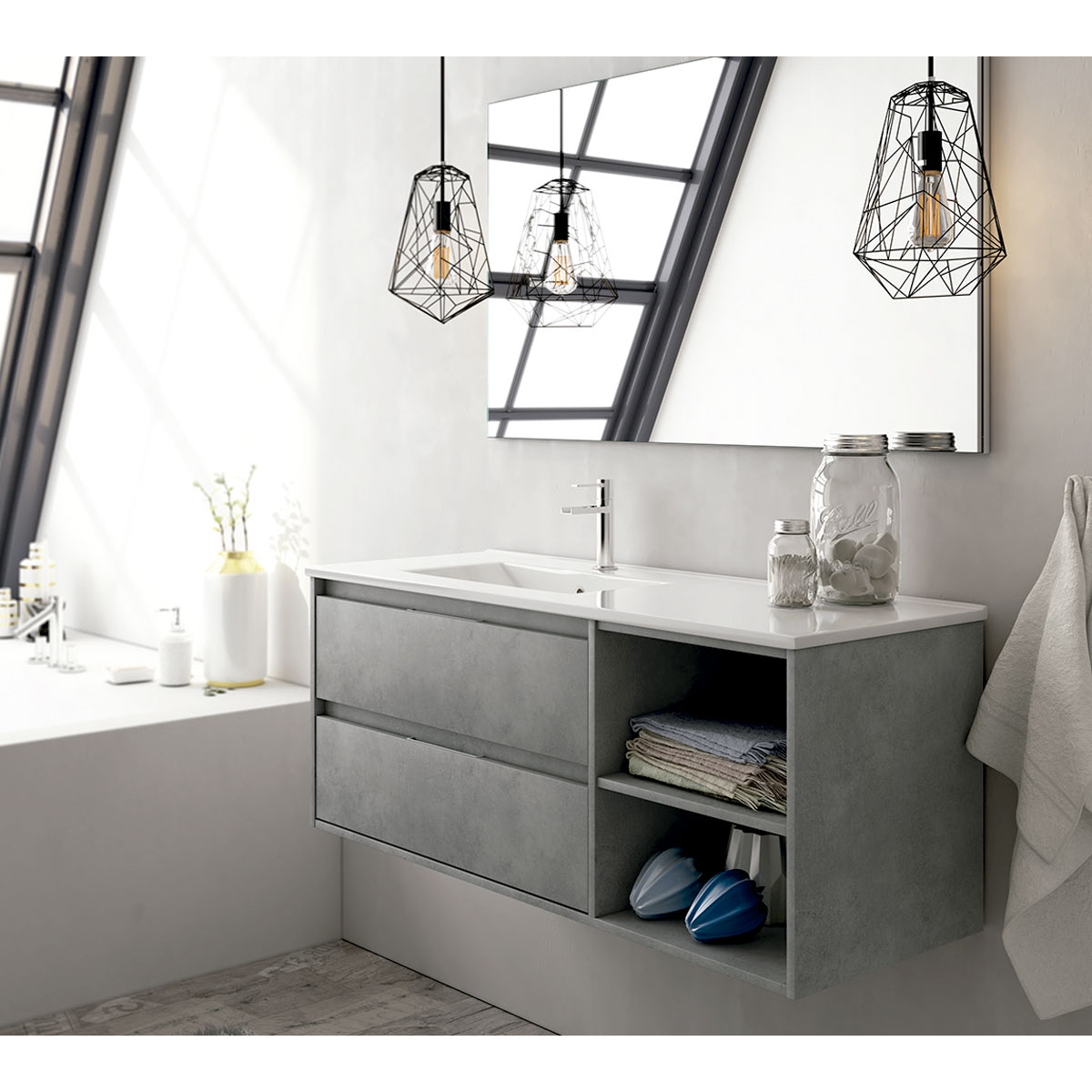 Fotos ambiente de Mueble de baño suspendido Dover de 100 cm de ancho color Cemento con lavabo integrado [55101]