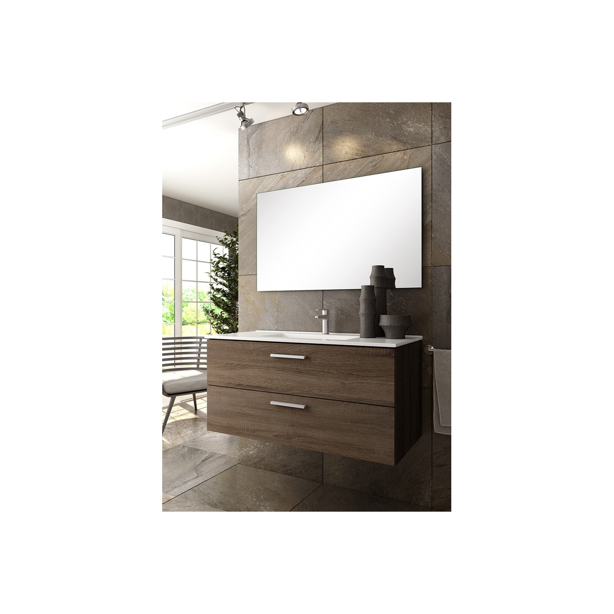 Detail of Mayorca suspended bathroom furniture 60 cm wide Britannia color with integrated sink