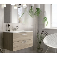 Fotografias de ambiente do móvel de casa de banho suspens5o Mayorca de 80 cm de largura na cor Cambriana com lavatório integrado