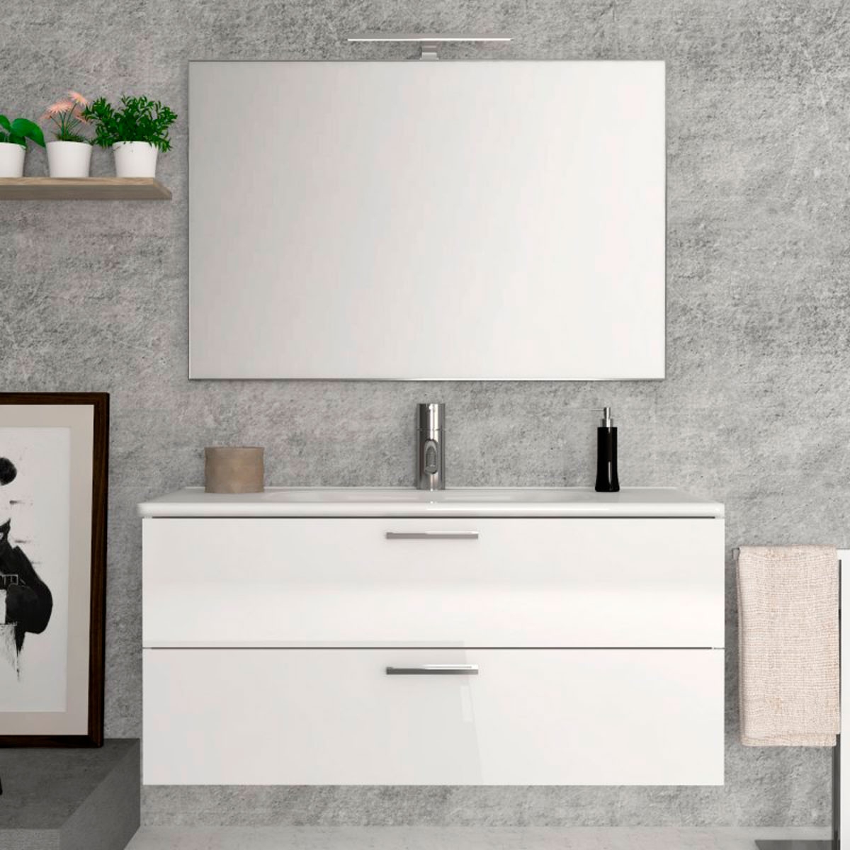 Fotos de ambiente do móvel de casa de banho mural Mayorca 100 cm de largura Lacado Branco com lavatório integrado [55378].