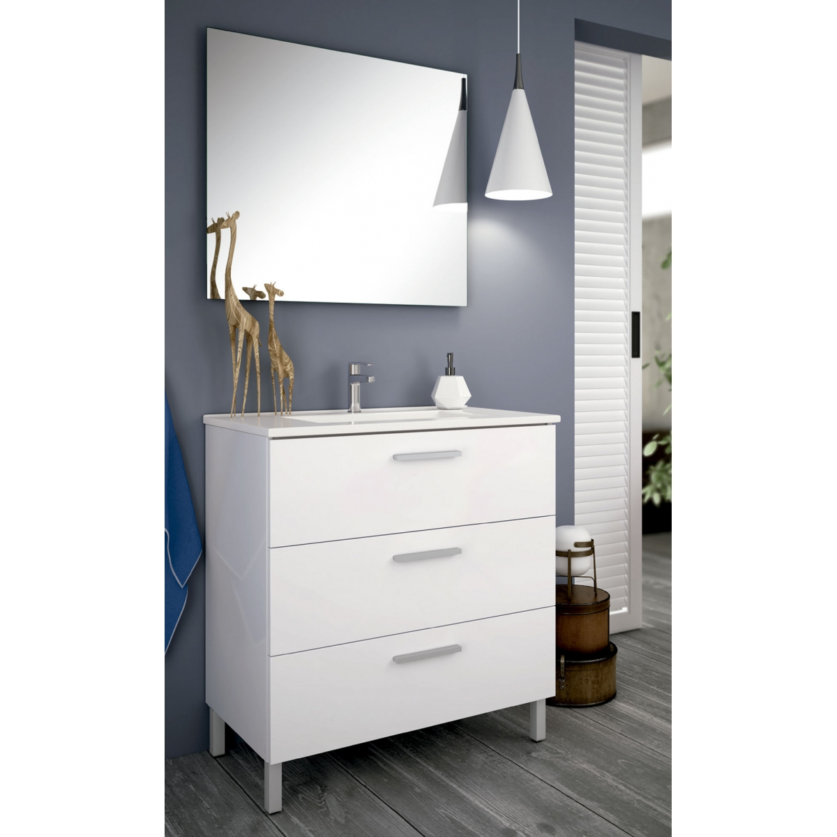 Photos d’ambiance du sol Mayorca mobilier de salle de bain 60 cm de large Couleur laquée blanche avec lavabo intégré