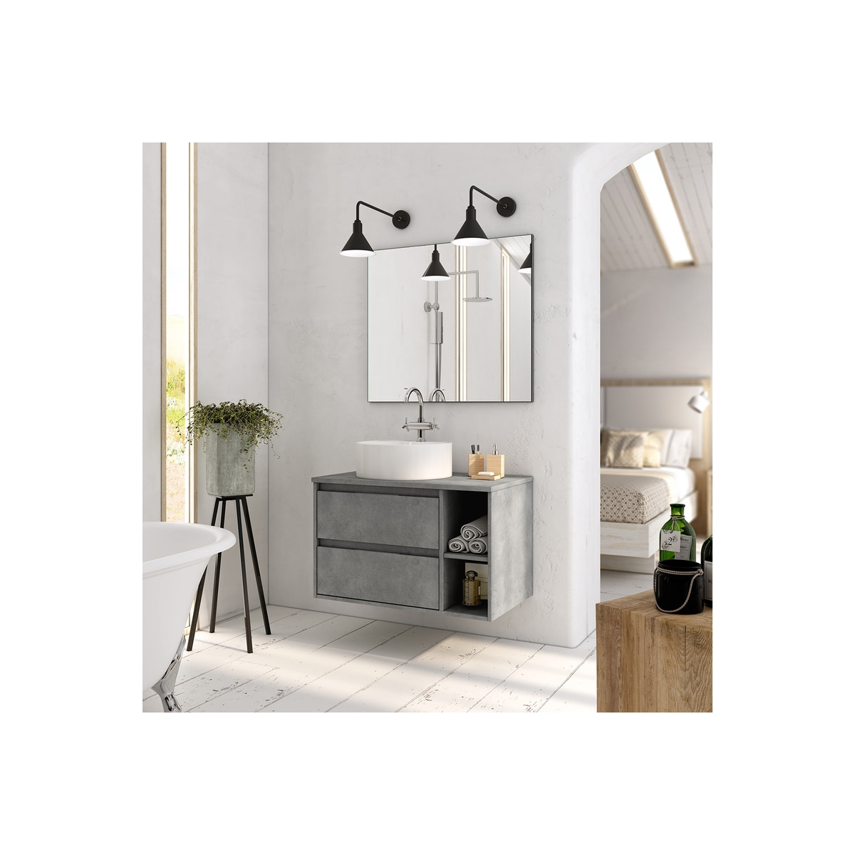 Ambient photos of Bristol suspended bathroom furniture 120 cm wide Cement color [55532]