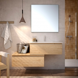 Foto de Mueble de baño suspendido Derby de 80 cm de ancho color Bambú con lavabo integrado