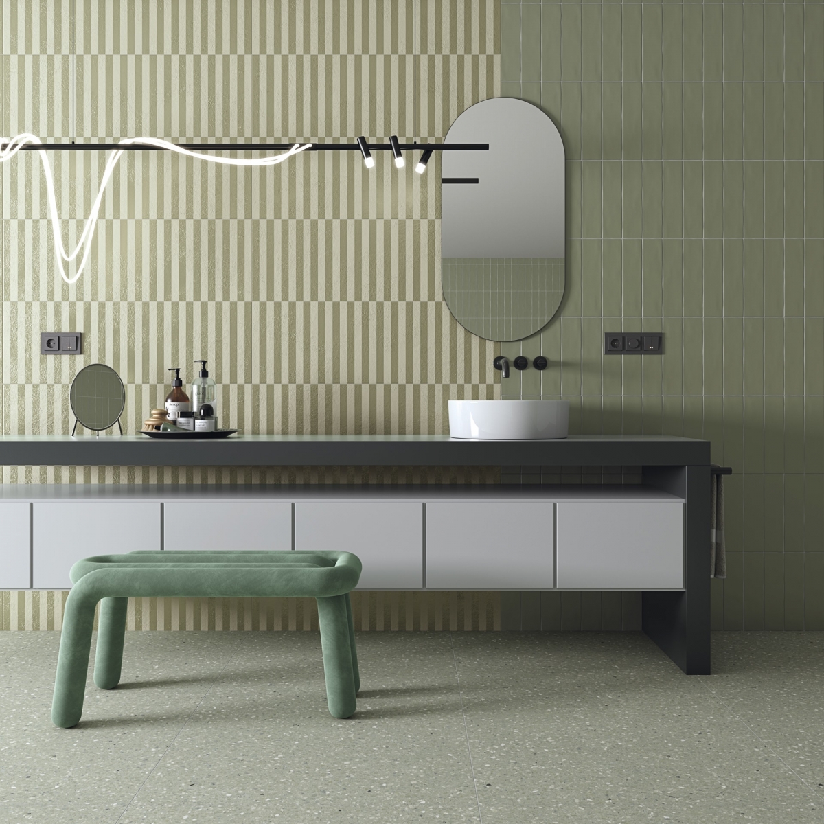 Baño con Revestimiento Zouk-R Verde Bronce Oxidado 32x99