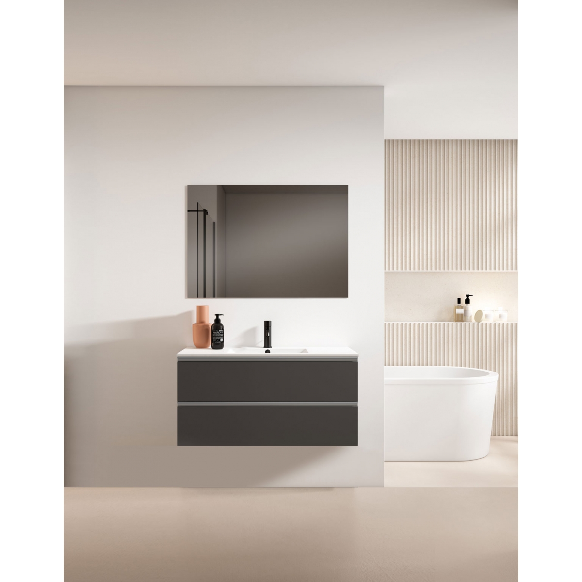 Mueble de baño suspendido de 60 cm con lavabo integrado color ceniza Modelo Granada4