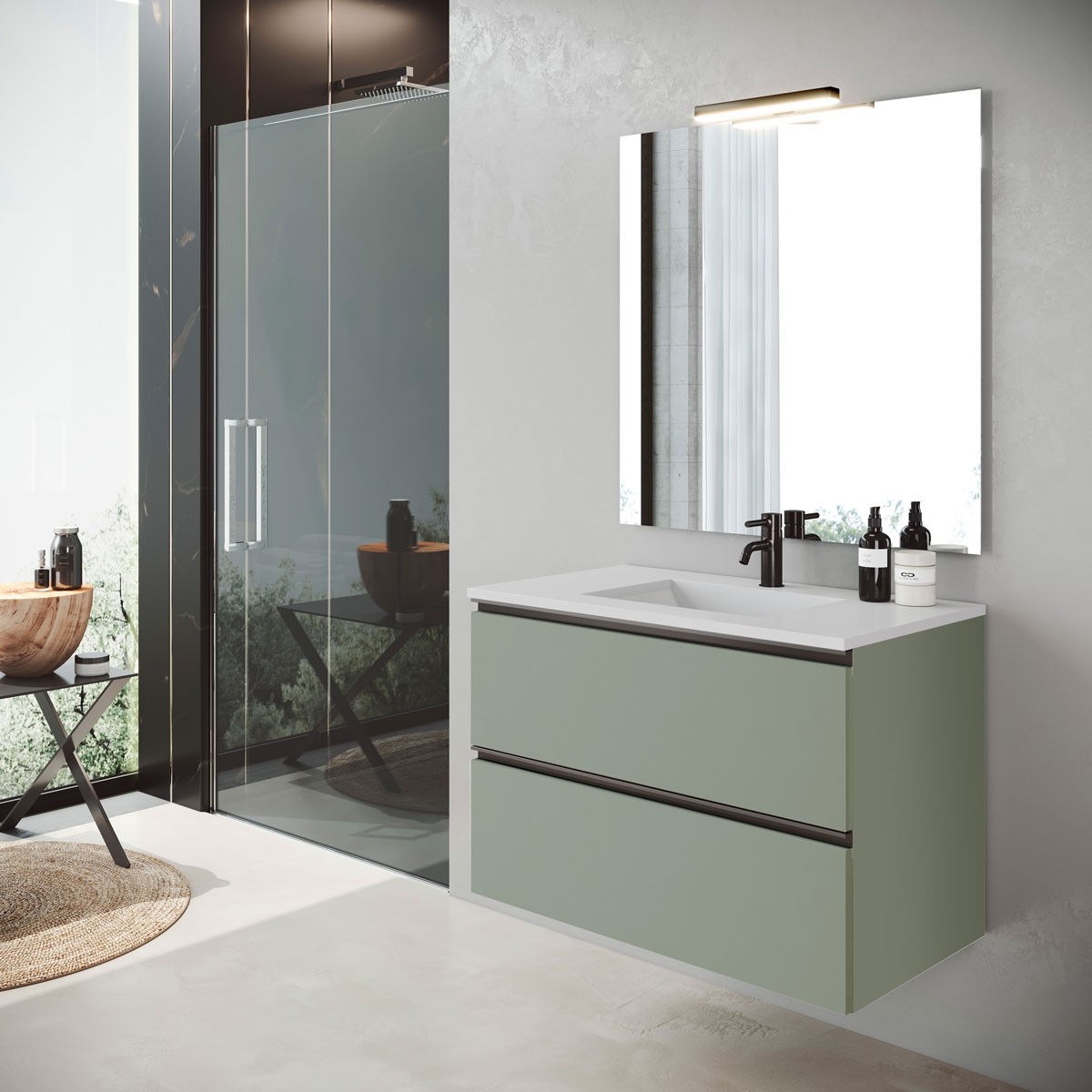 Mueble de baño suspendido de 60 cm con lavabo integrado color musgo Modelo Granada2