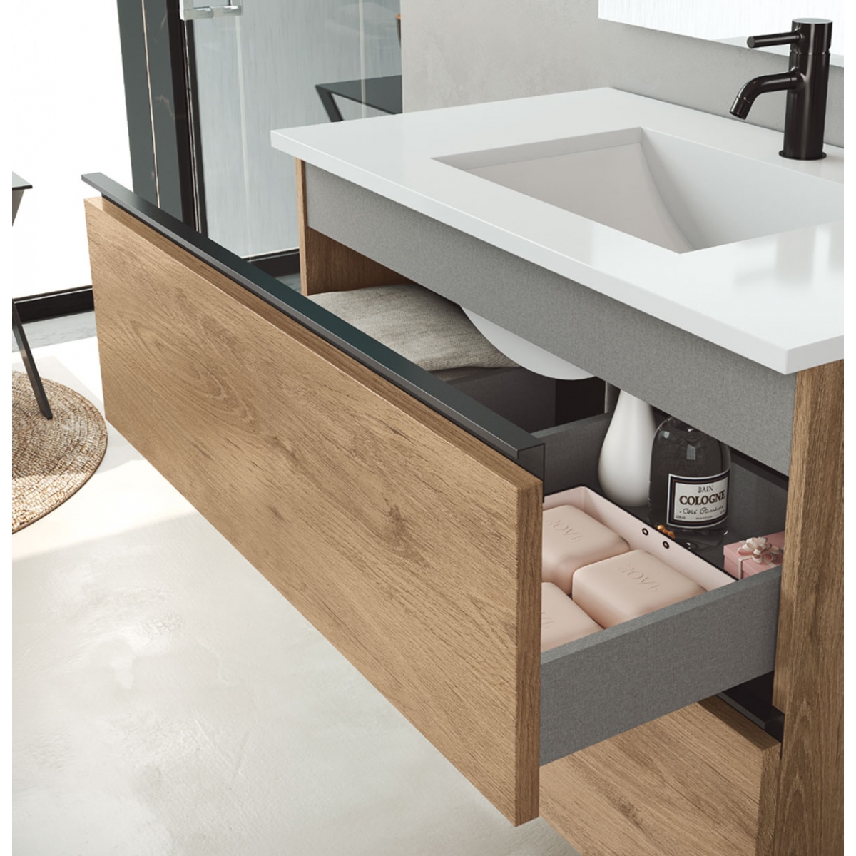Mueble de baño suspendido de 60 cm con lavabo sobre encimera acabado canela Modelo Granada9