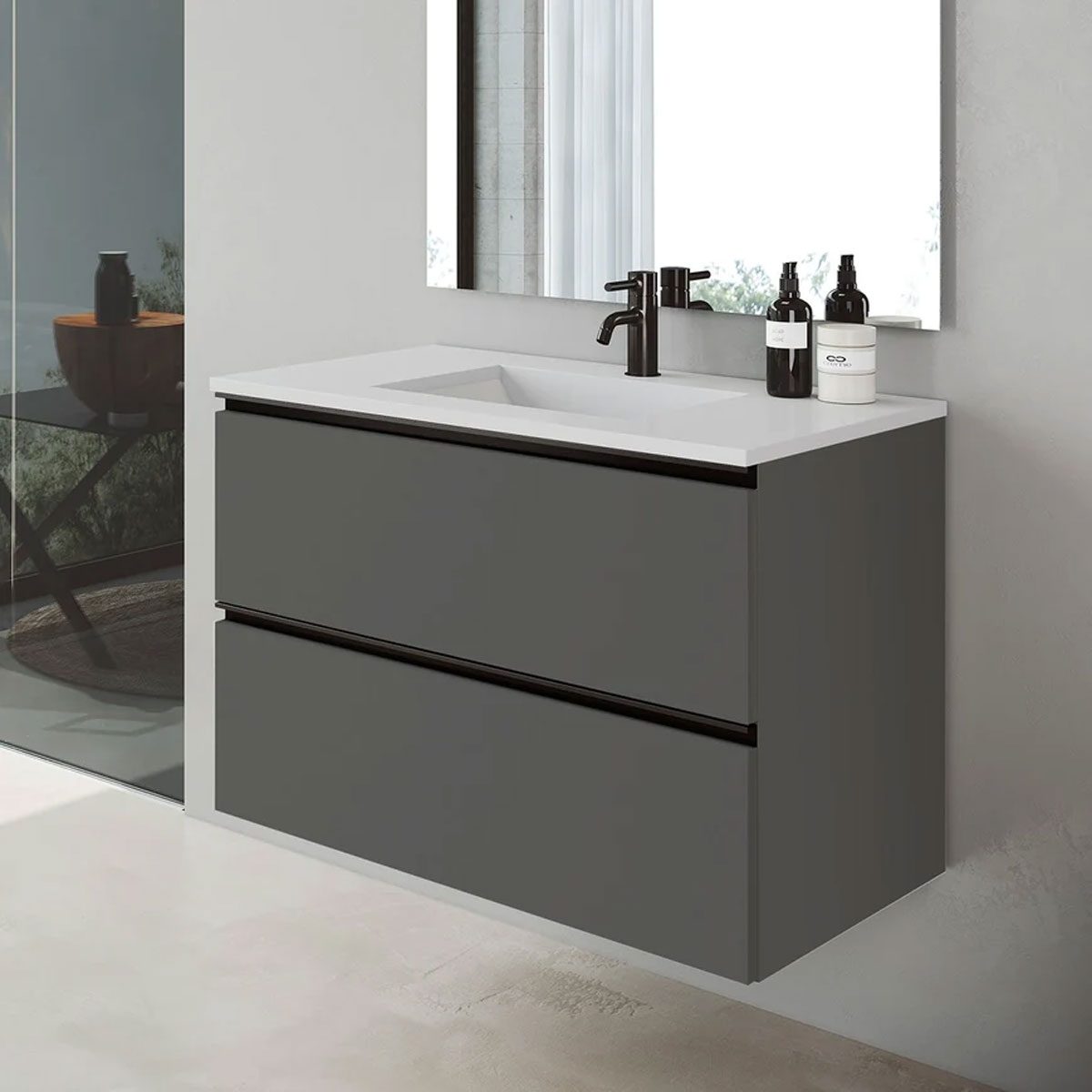 Mueble de baño suspendido de 80 cm con lavabo integrado color ceniza Modelo Granada3