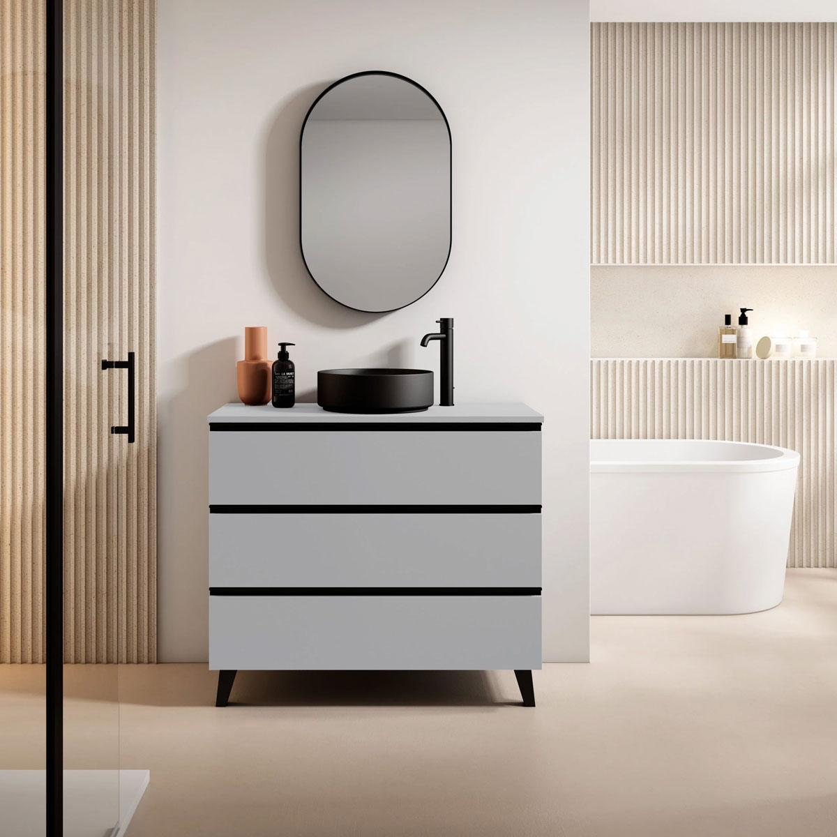 Mueble de baño suspendido de 80 cm con lavabo sobre encimera color griggio  Modelo Granada