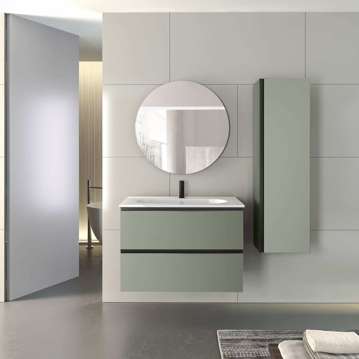 Mueble de baño suspendido de 100 cm con lavabo integrado color musgo Modelo  Granada