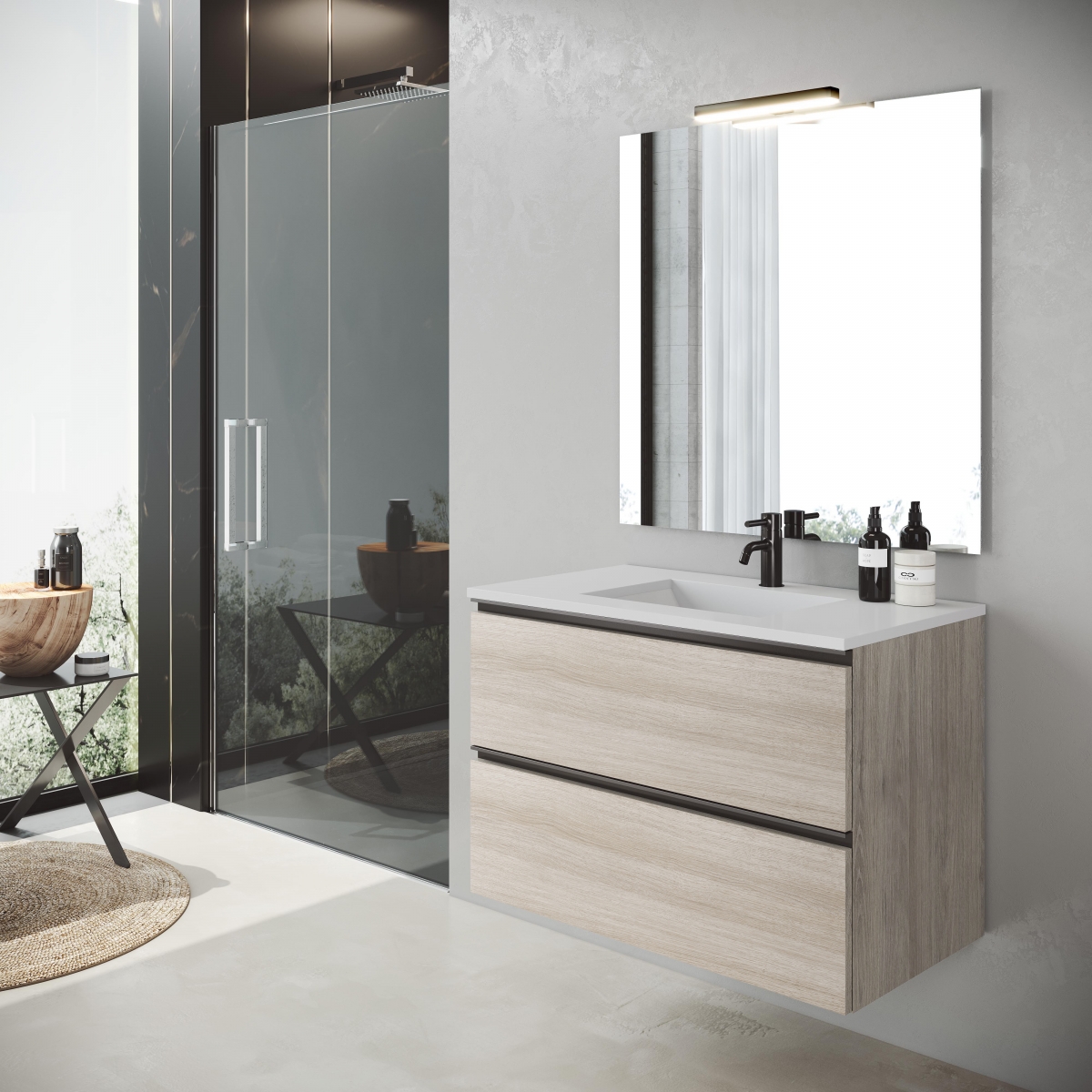 Mueble de baño suspendido de 120 cm con lavabo integrado acabado crudo Modelo Granada5