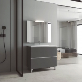 Foto de Mueble de baño de suelo de 60 cm con 2 cajones con lavabo integrado color ceniza Modelo Granada