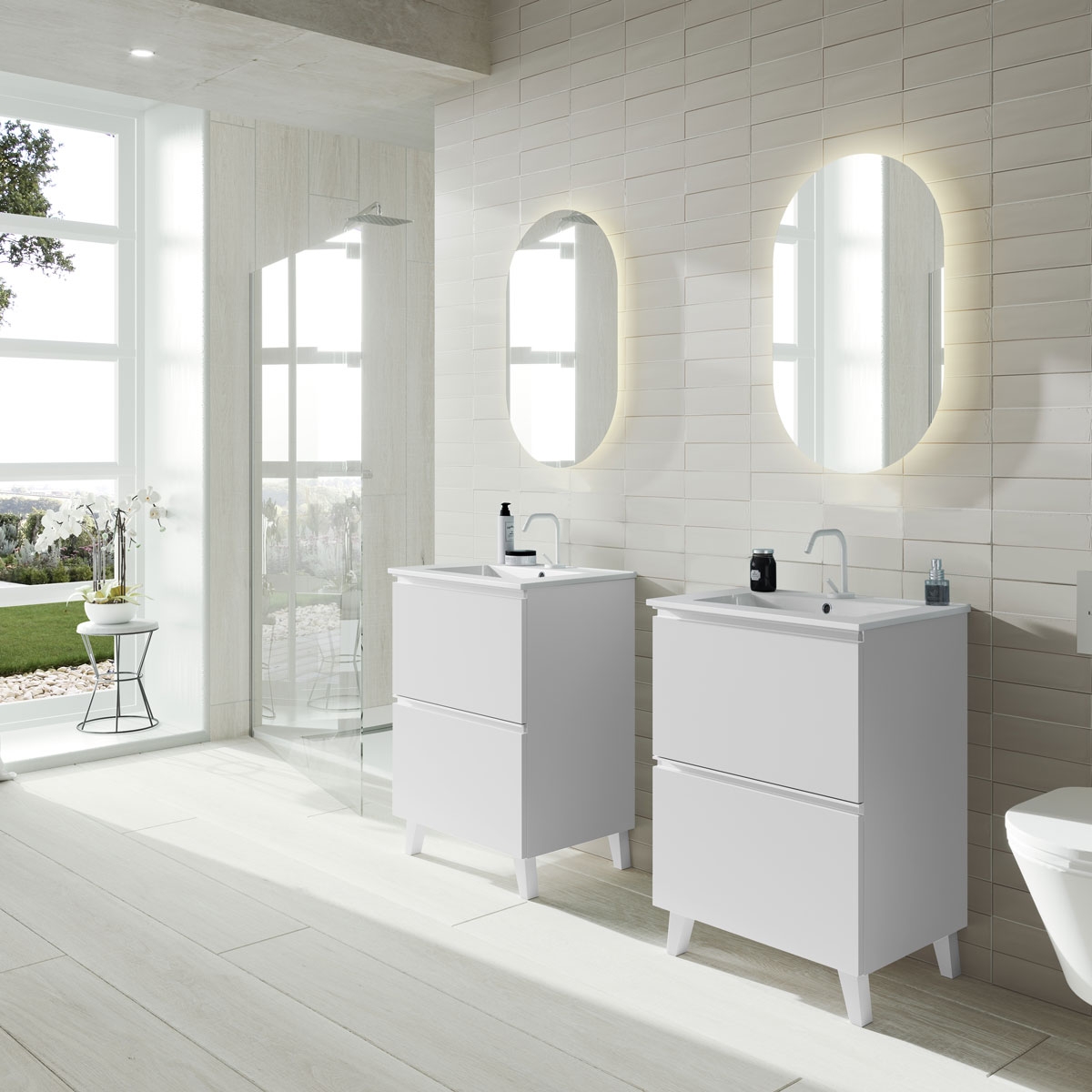 Mueble de baño suspendido 2 cajones con espejo, sin lavabo, 80 cm