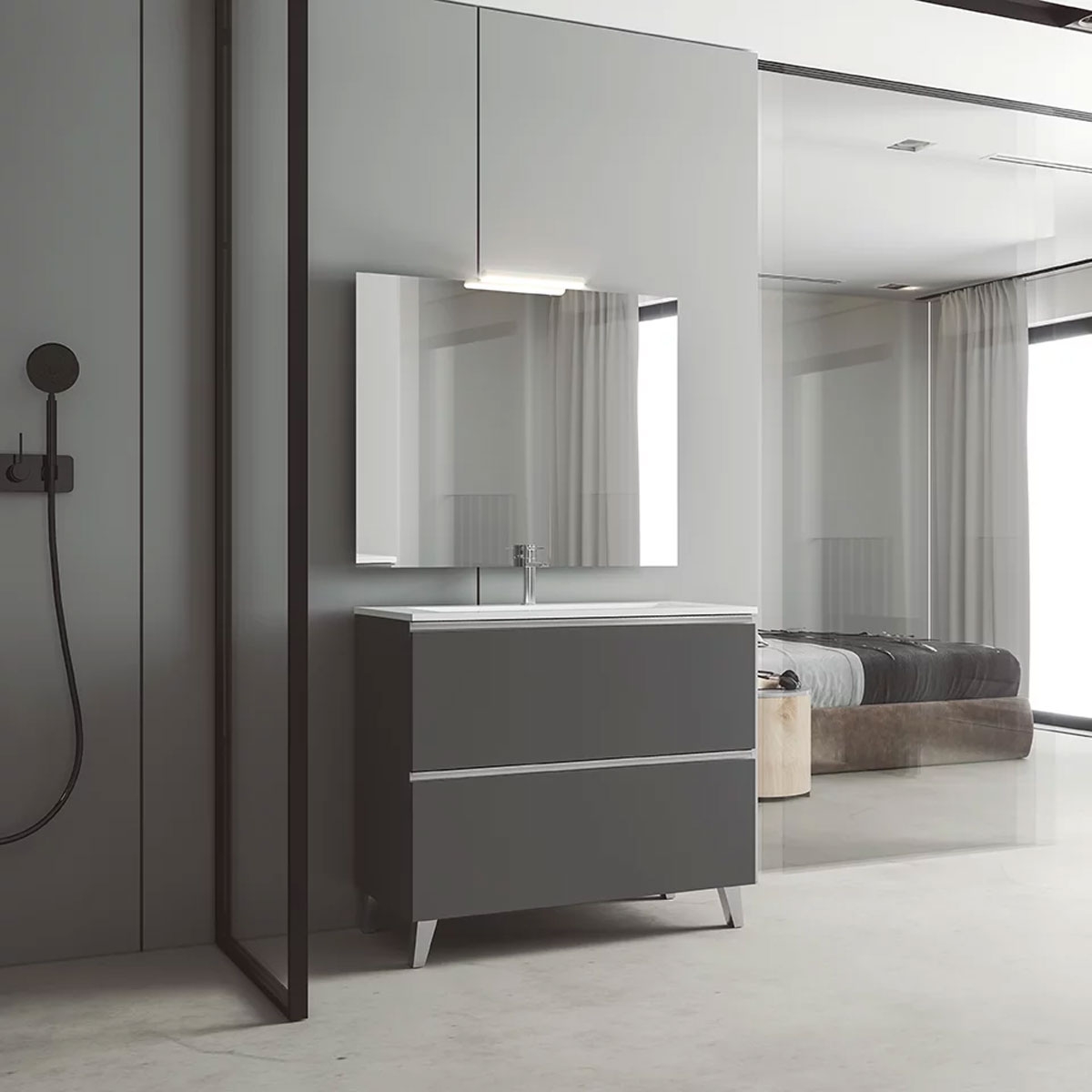 Mueble de baño de suelo de 80 cm con 2 cajones con lavabo integrado color ceniza Modelo Granada6