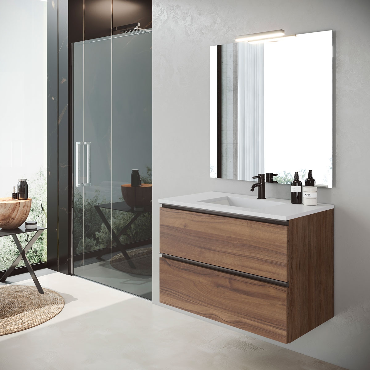 Mueble de baño de suelo de 80 cm con 2 cajones con lavabo sobre encimera acabado canela Modelo Granada5