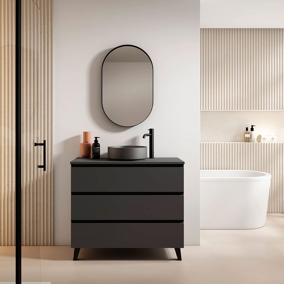 Mueble de baño de suelo de 80 cm con 2 cajones con lavabo sobre encimera acabado black Modelo Granada3