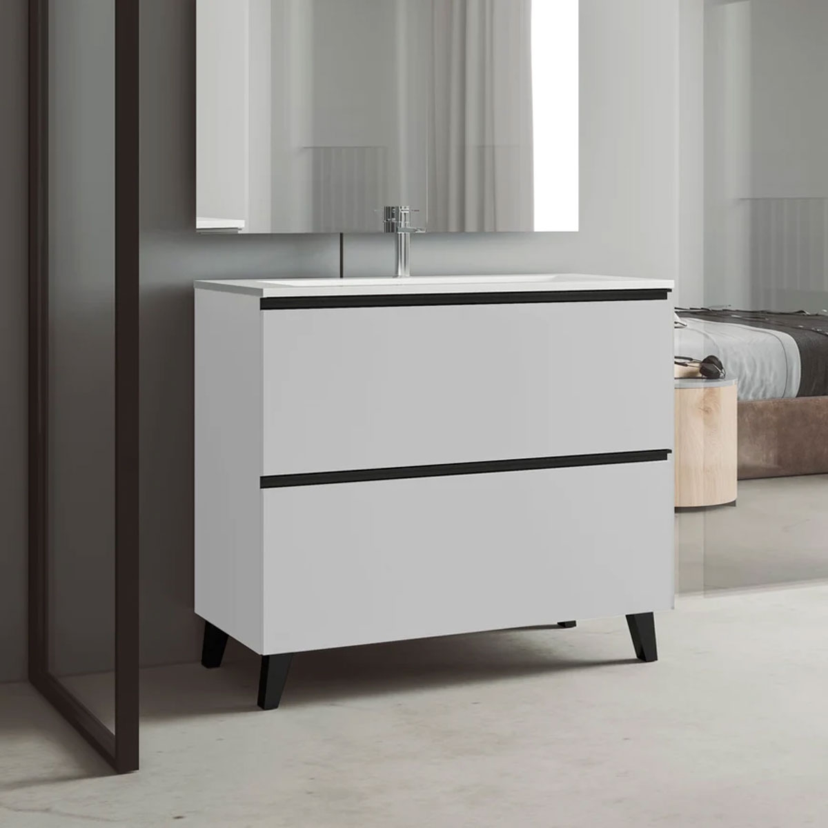Mueble de baño de suelo de 100 cm con 2 cajones con lavabo integrado color Blanco Ada Modelo Granadae