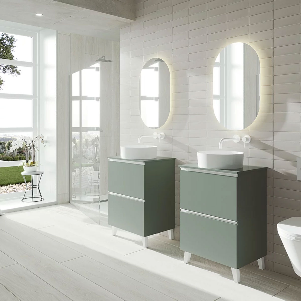 Mueble de baño de suelo de 100 cm con 2 cajones con lavabo integrado color musgo Modelo Granadat