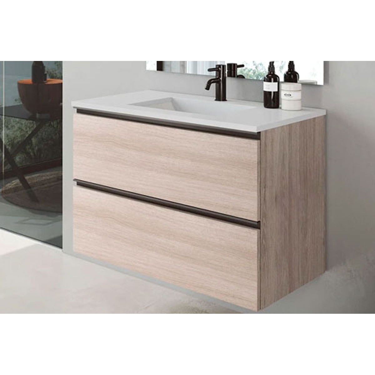Mueble de baño de suelo de 100 cm con 2 cajones con lavabo integrado acabado crudo Modelo Granadaw