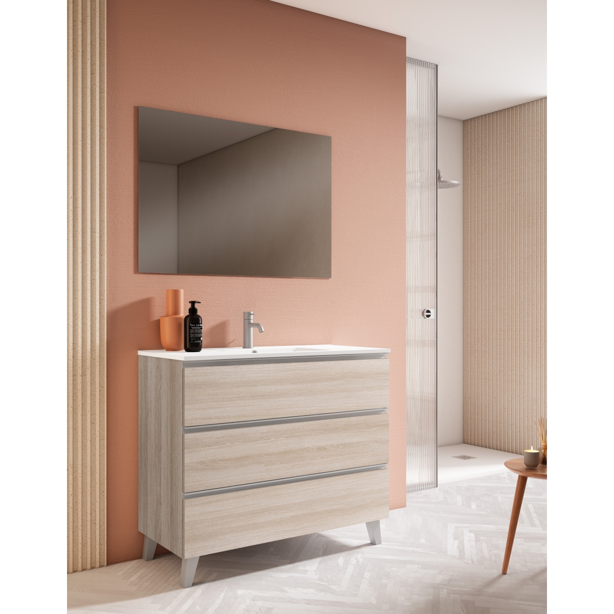 100 cm floor bathroom furniture with 3 drawers with integrated sink raw finish Model Granadae