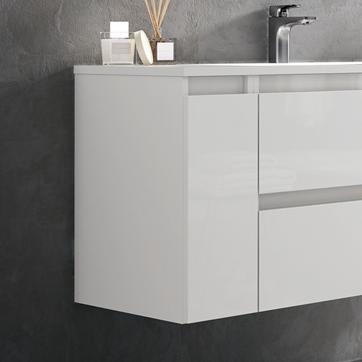 Bathroom furniture with integrated white sink