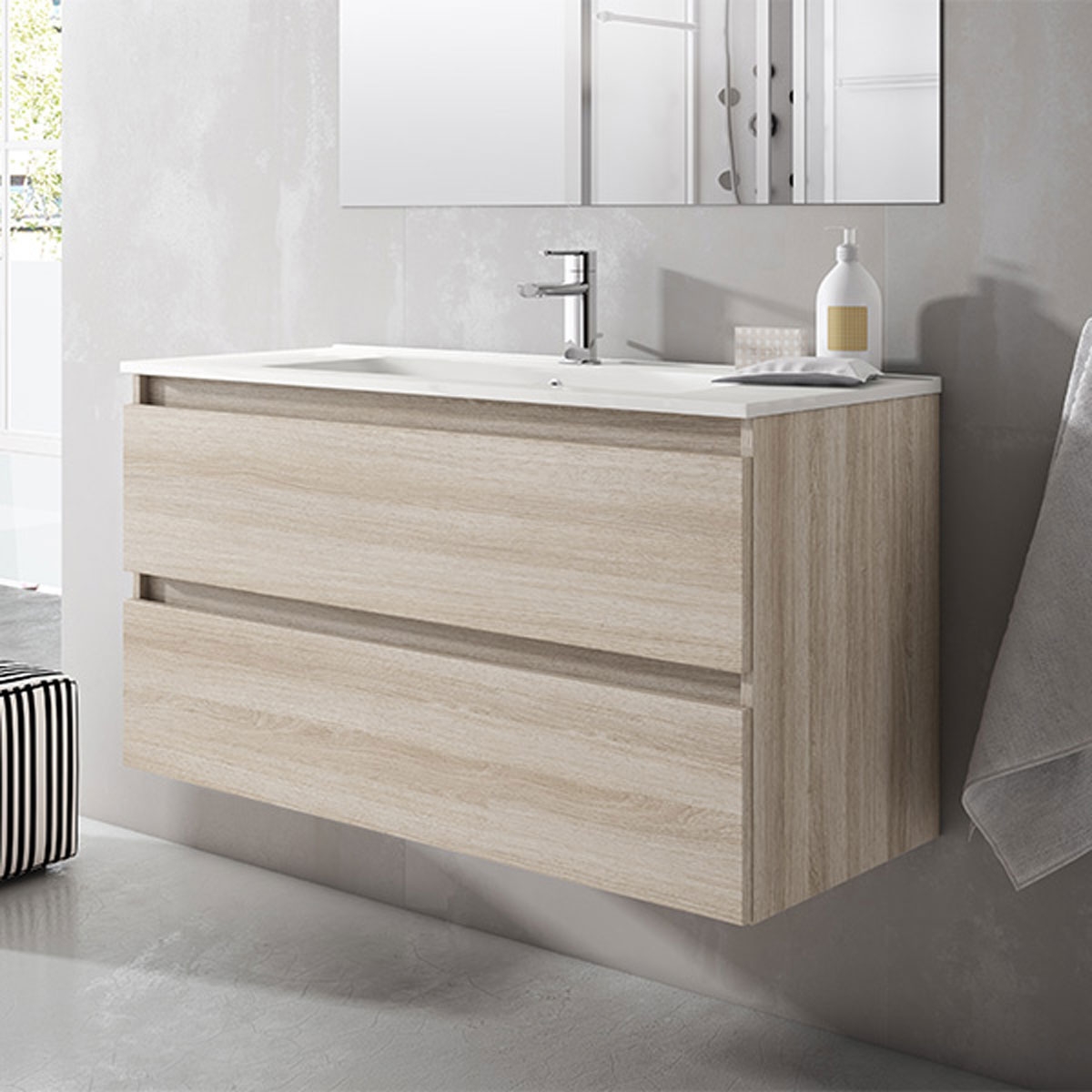 mueble de baño con lavabo integrado madera claro