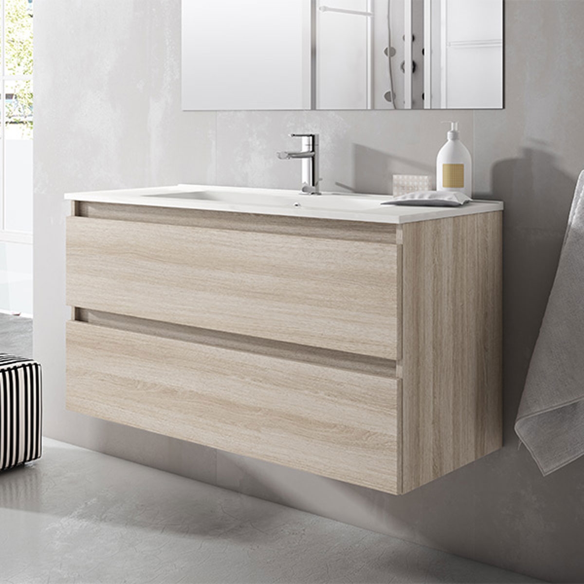 Bathroom furniture with integrated sink light wood
