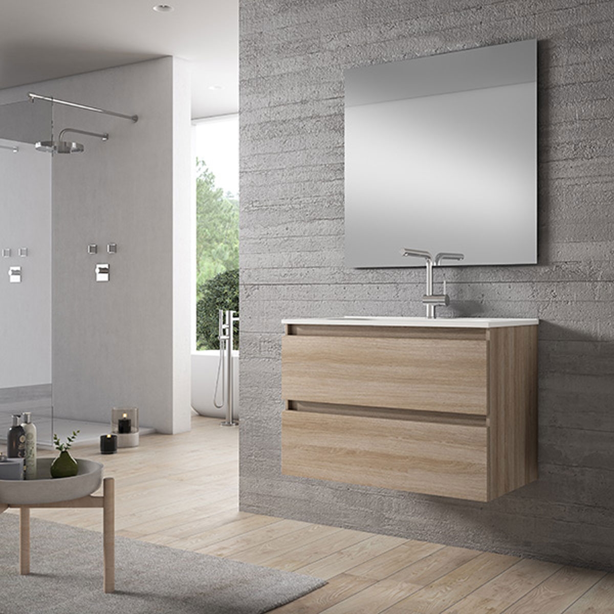 mueble de baño con lavabo integrado madera