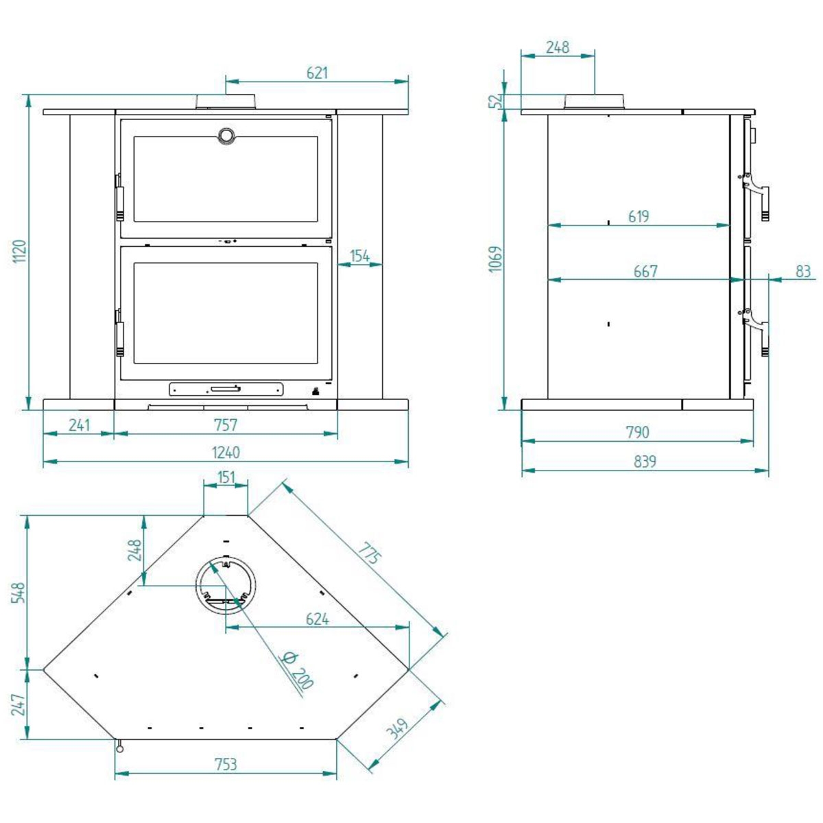 Vorderer Holzofen mit Ofen CH-9 R Maße