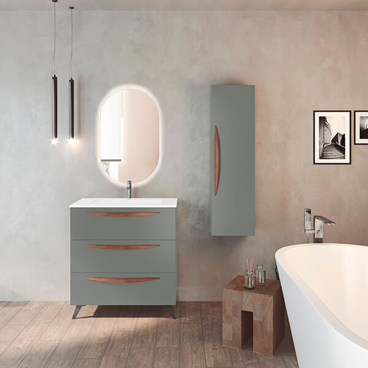 Mueble de baño con patas 3 cajones con lavabo color Musgo Modelo Arco
