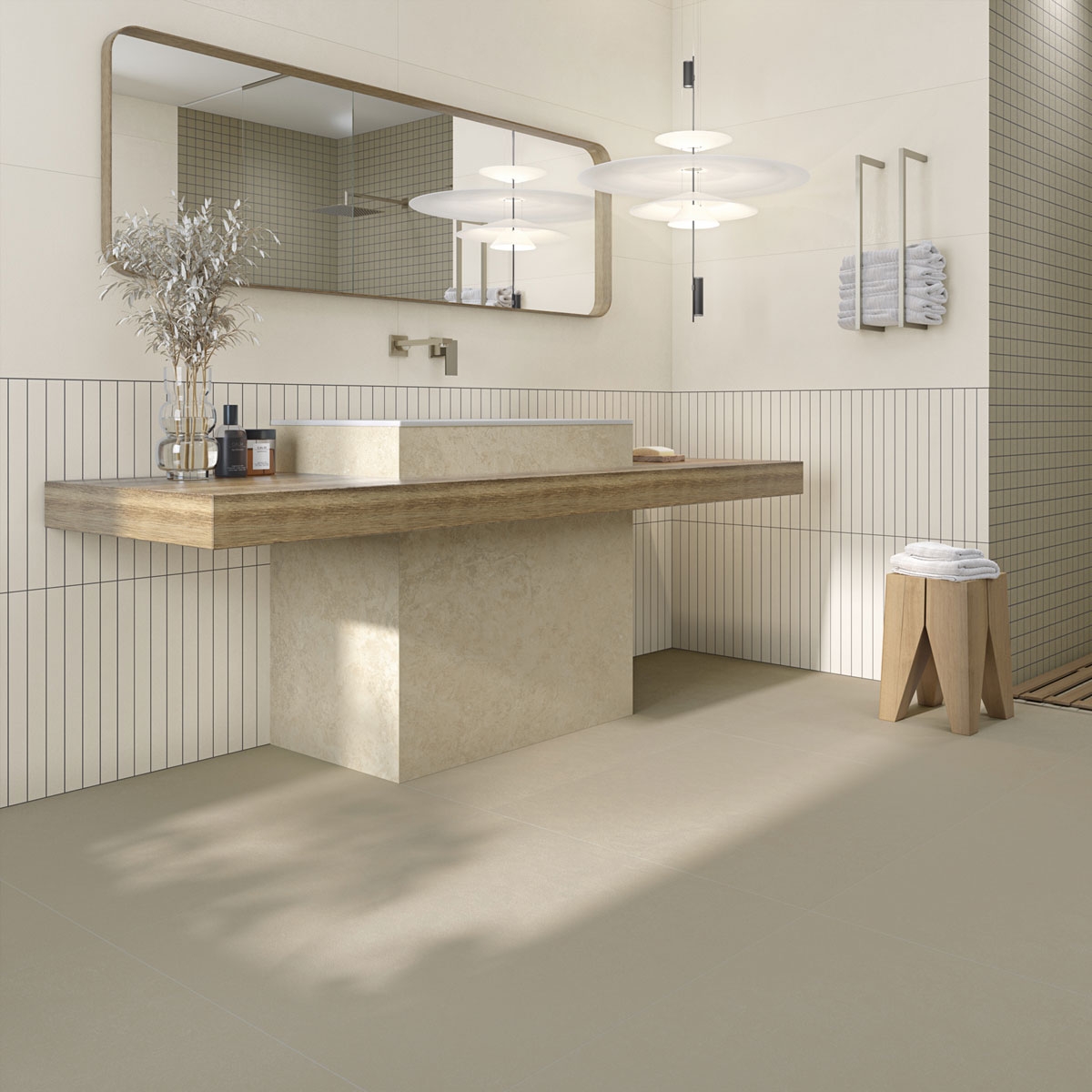 Baño con Pavimento Manhattan-R Sand 45x120 (Caja 1.08 m2)