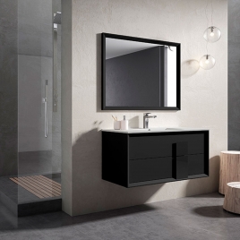 Foto de Mueble de baño suspendido 2 cajones con tirador de cristal y lavabo color Black Modelo Decor