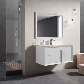 Foto de Mueble de baño suspendido 2 cajones con tirador de cristal y lavabo color Blanco Ada Modelo Decor