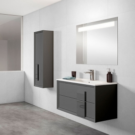 Mueble de baño suspendido 2 cajones con tirador de cristal y lavabo color Ceniza Modelo Decor