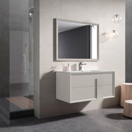 Mueble de baño suspendido 2 cajones con tirador de cristal y lavabo color Cotton Modelo Decor