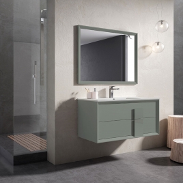 Mueble de baño suspendido 2 cajones con tirador de cristal y lavabo color Musgo Modelo Decor