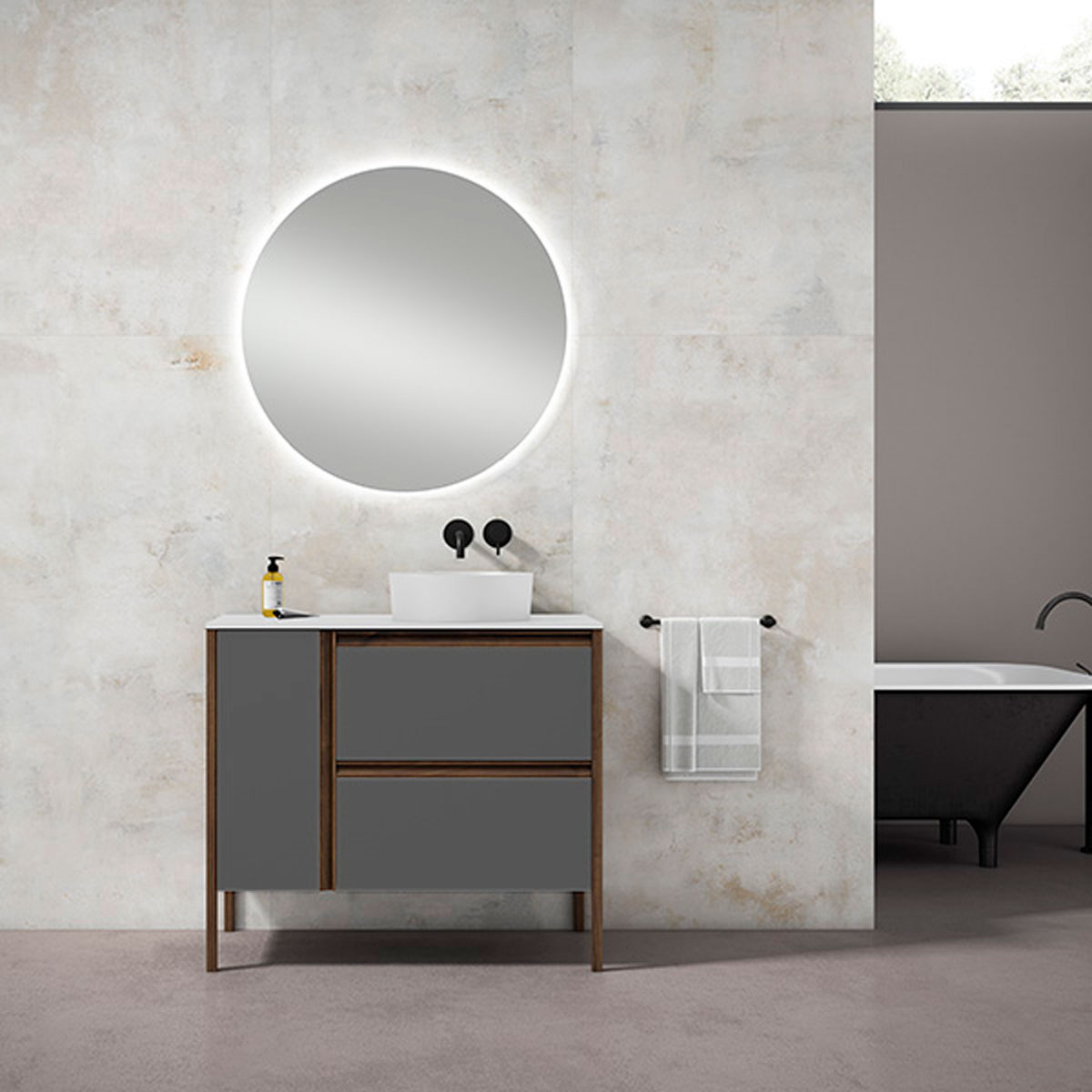 Boden, Badezimmermöbel, 2 Schubladen und 1 Tür mit Waschbecken auf der Arbeitsplatte, 100 cm breit, Model Icon1