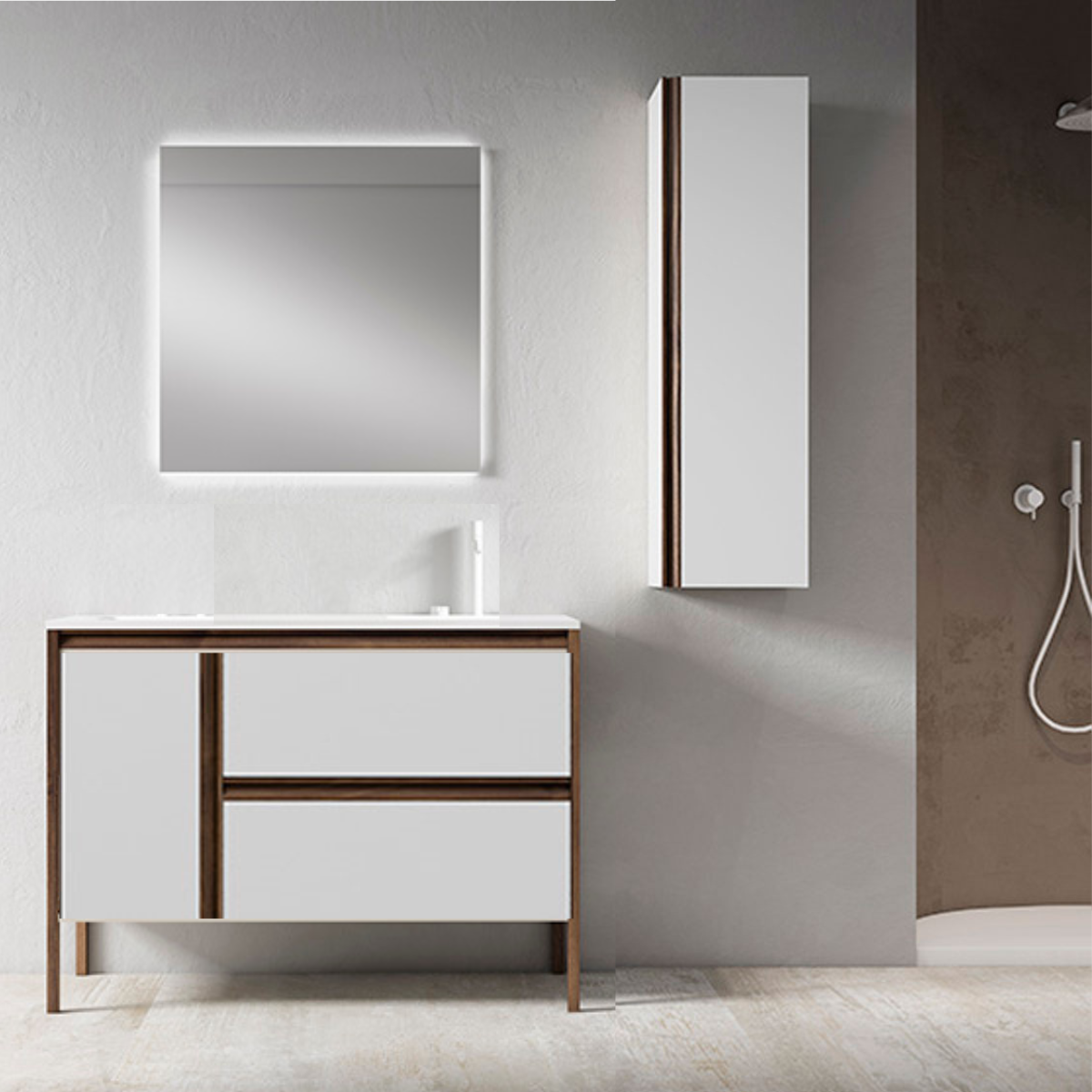 Mueble de baño de suelo 2 cajones y 1 puerta con lavabo integrado 100cm de ancho Modelo Icon1