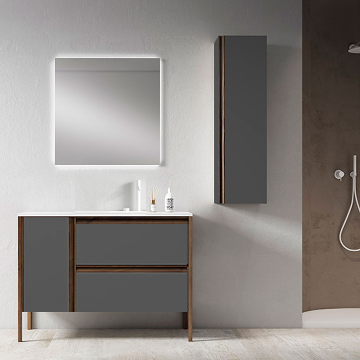 Chão móveis de casa de banho com 2 gavetas e 1 porta com lavatório integrado 100cm de largura Modelo Icon2