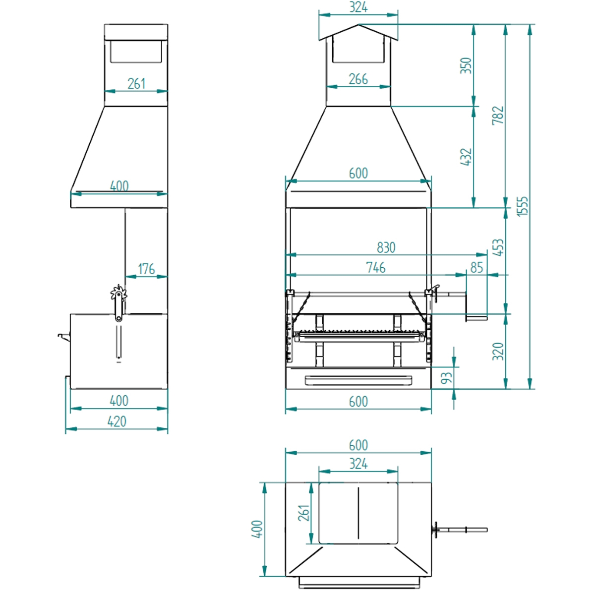 Photo of Charcoal and wood barbecue BV-62 measures with elevator