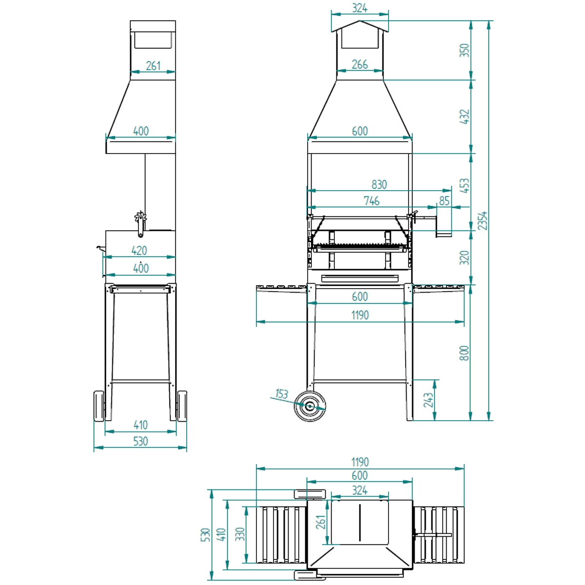 BVE-64 charcoal and wood barbecue with elevator measures