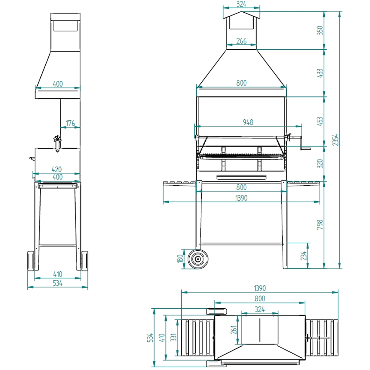Holzkohle- und Holzgrill BVE-84 mit Aufzugsmaßen