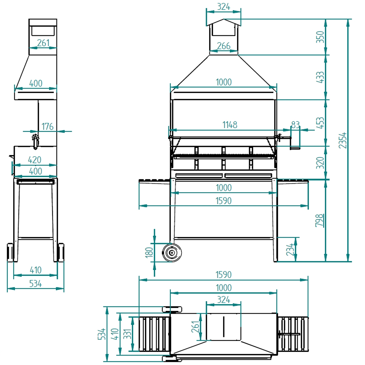 Charcoal and wood barbecue BVE-104 with elevator measures