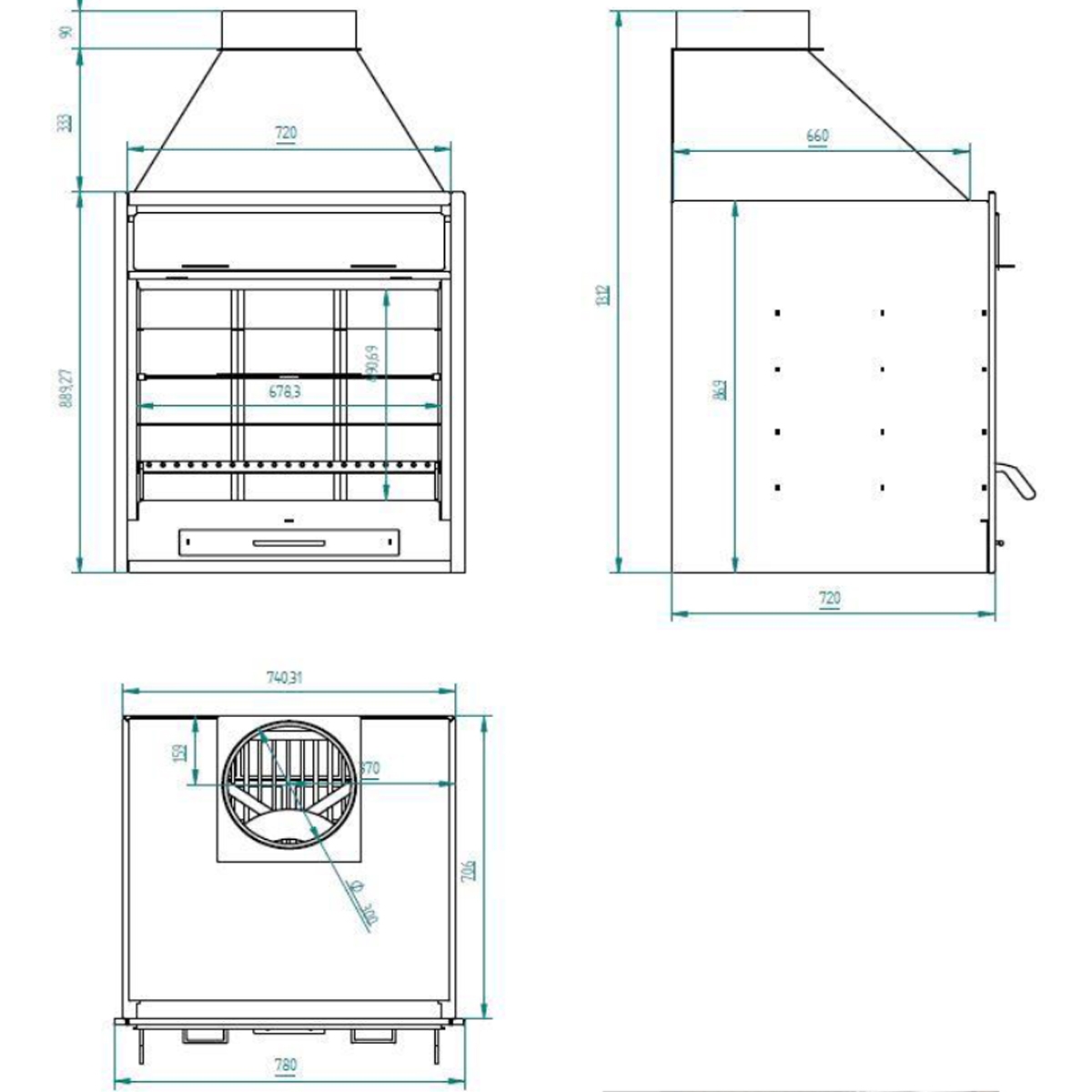 Barbecue à charbon de bois et à bois BF-70 mesures