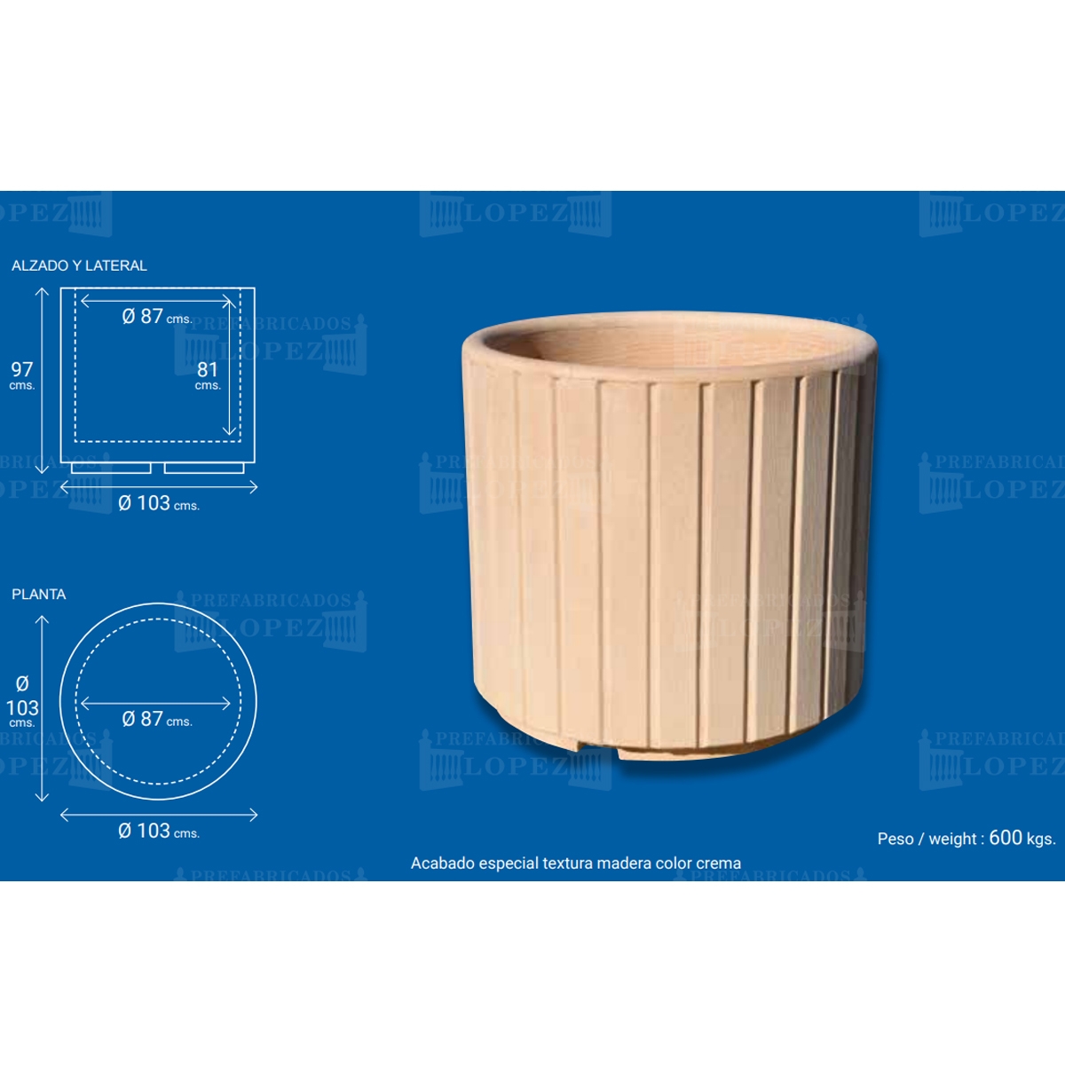 Mesures de la jardinière en béton Mulhacén