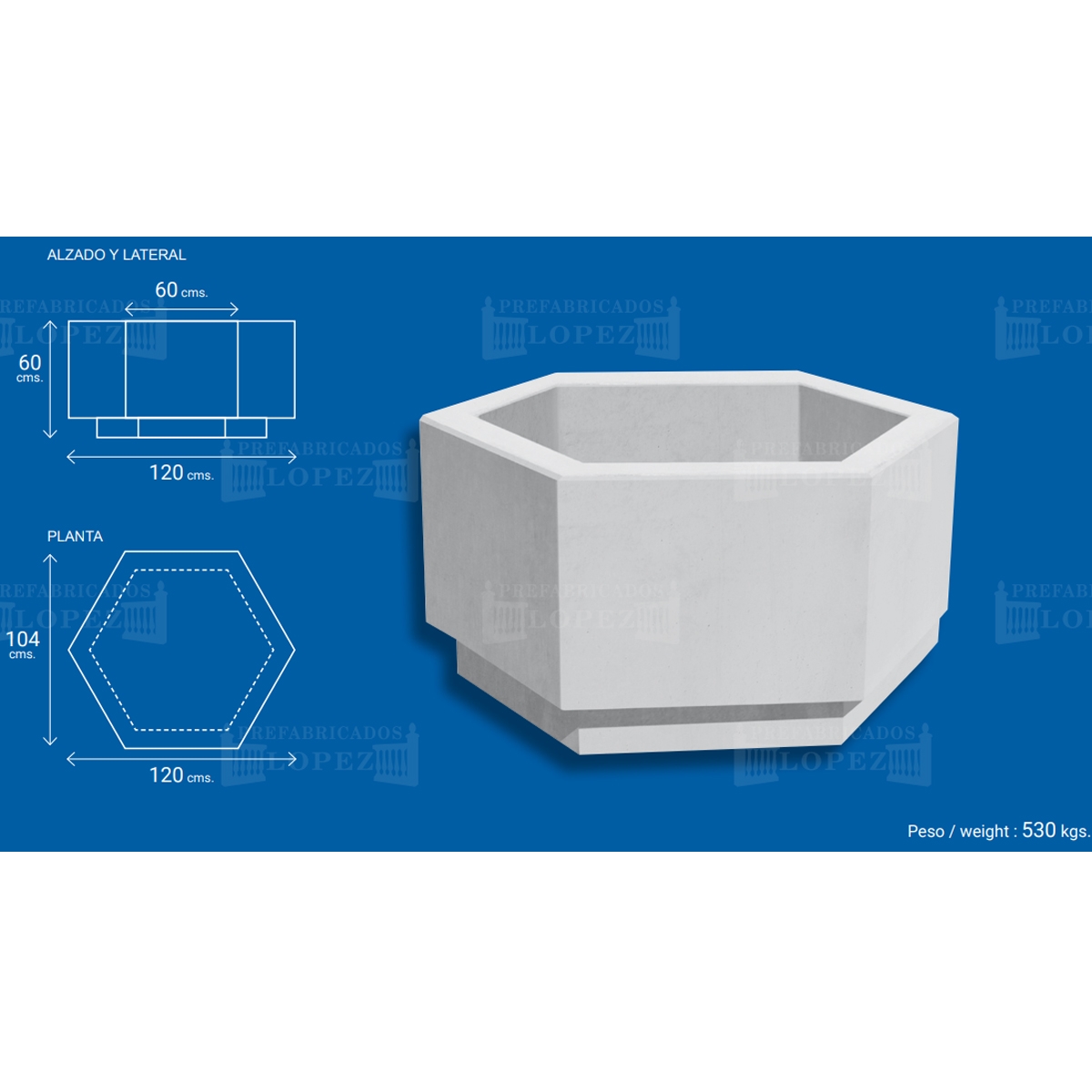 Mesures de la jardinière hexagonale en béton