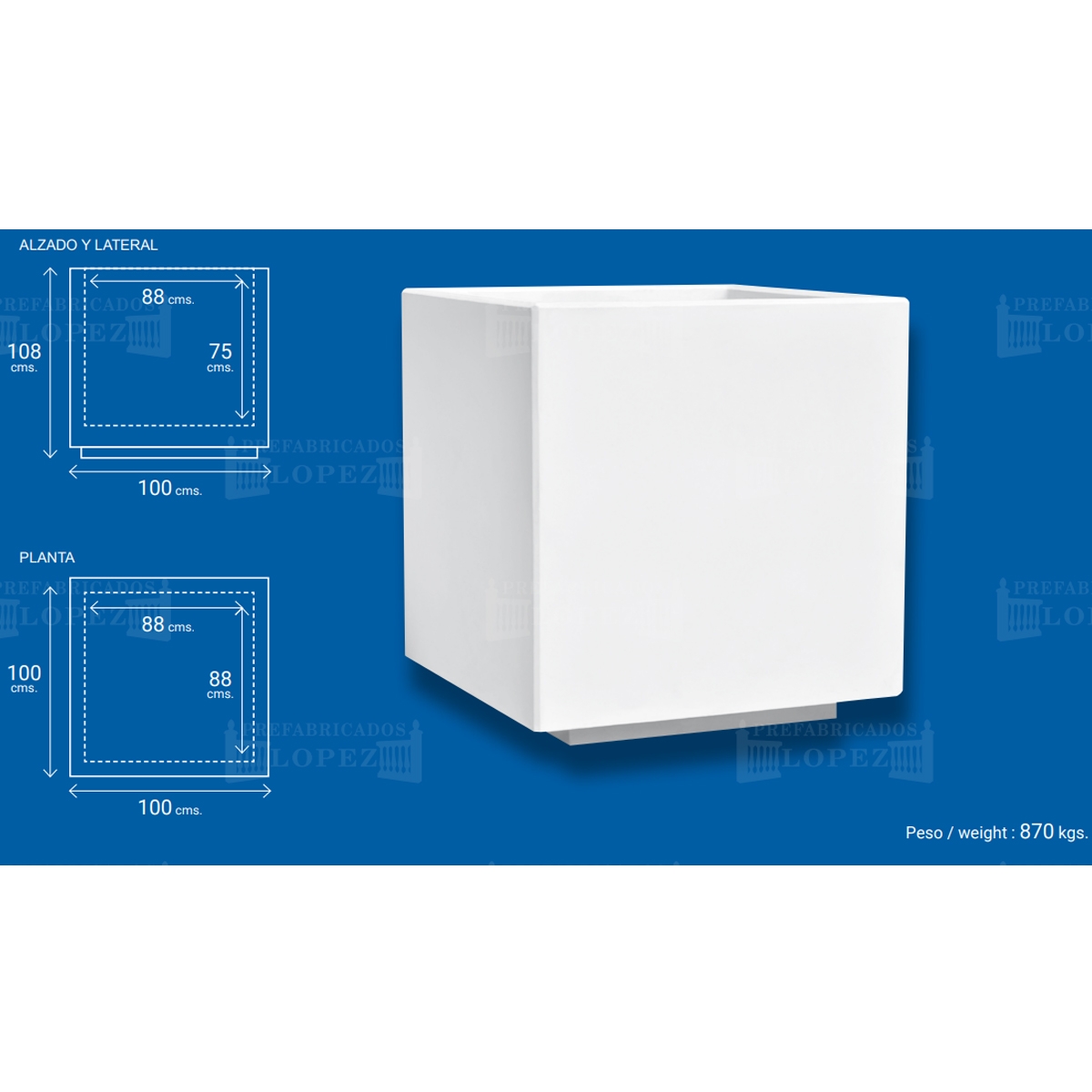 Mesures de la jardinière en béton de Huelva