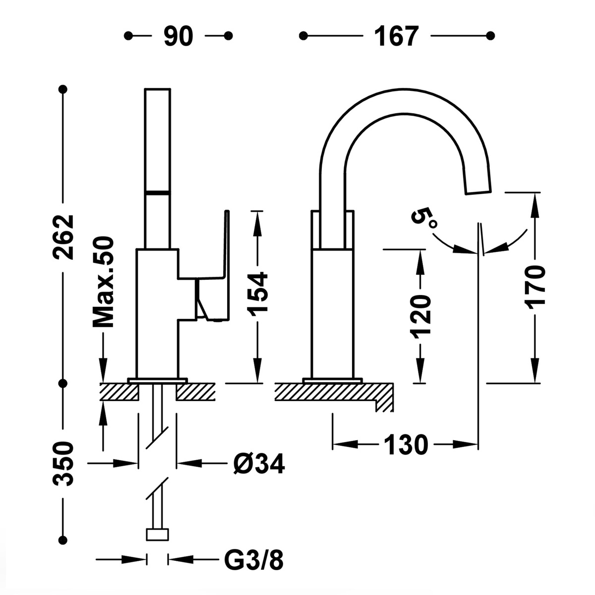 Grifo monomando diseño curvo con maneta lateral