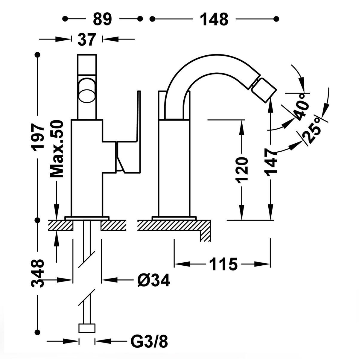 Bidet faucet in curved design with side handle