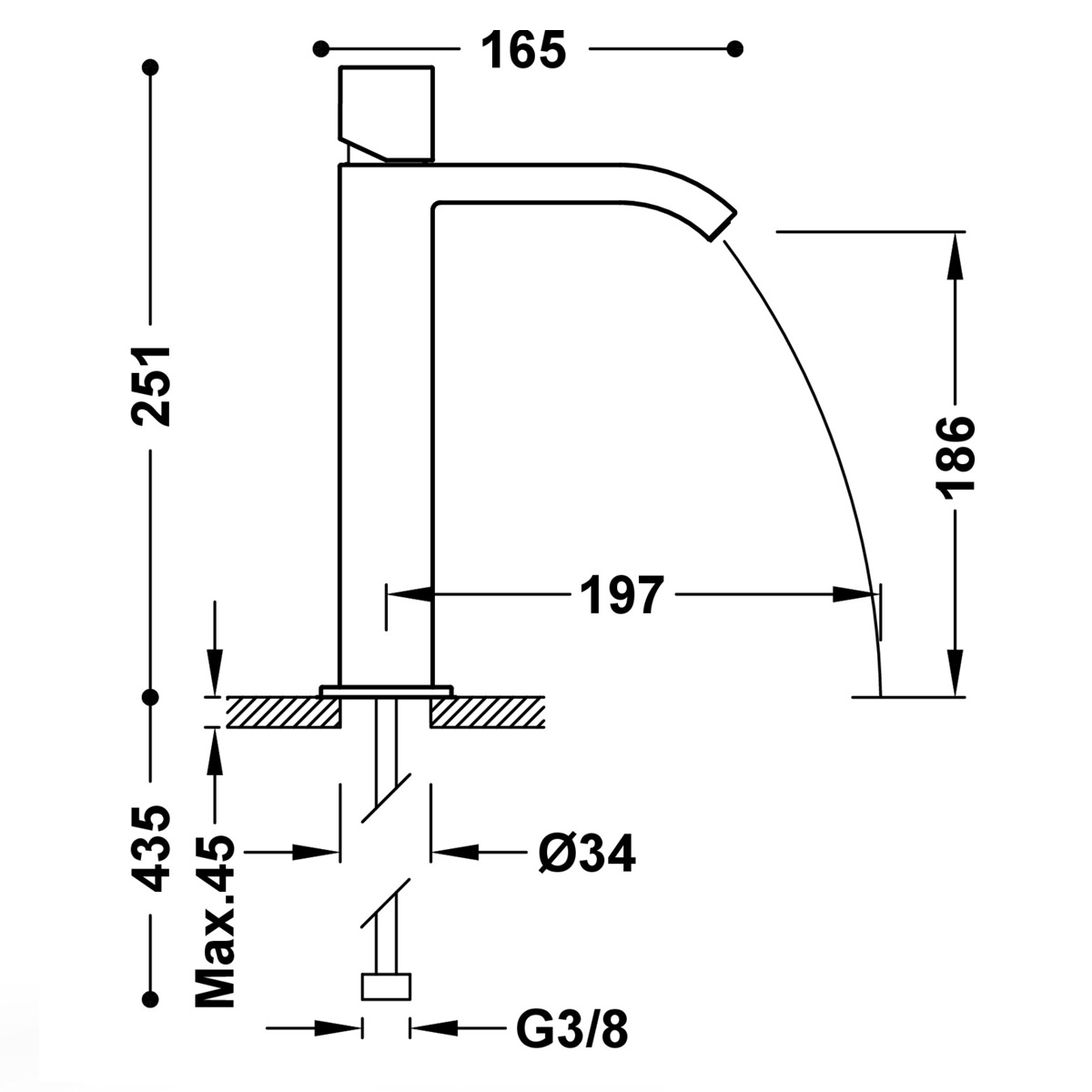 Hoher Wasserhahn mit hohem Ausguss und quadratischem Griff